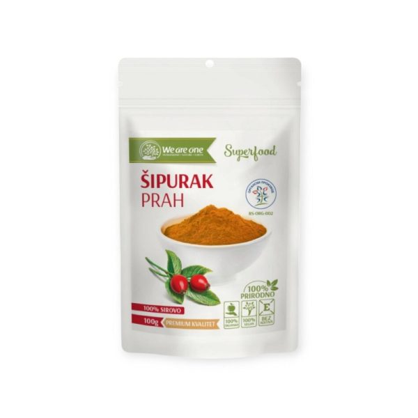 Šipurak u prahu (Rosa canina) – organski dodatak bogat vitaminom C i antioksidansima. Jača imunitet, štiti ćelije, pomaže kod hormona, kože i zglobova. Idealna podrška zdravlju!