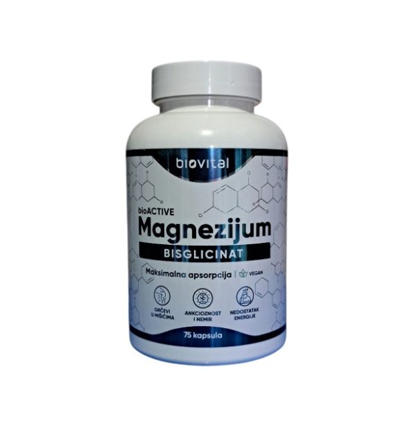 Superiorna formulacija BioActive Magnezijum Bisglicinat kapsule isključivo sadrže organski magnezijum iz soli magnezijum bisglicinata, koji se odlikuje visokom apsorpcijom i ima najbolju iskoristljivost u organizmu. Ove kapsule su specijalno razvijene da podrže mišićnu strukturu tela i mentalno funkcionisanje. Jedinstveni sastav 100% helatnog oblika magnezijuma vrhunskog kvaliteta proizvedeno u Nemačkoj sa zaštitnim znakom MagChel® Doprinosi podršci svake ćelije u telu, kako bi se održao uravnotežen, aktivan i energičan način života.