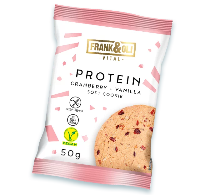 Frank&Oli veganski proteinski keks sa brusnicom i vanilom, pakovanje od 50 g.